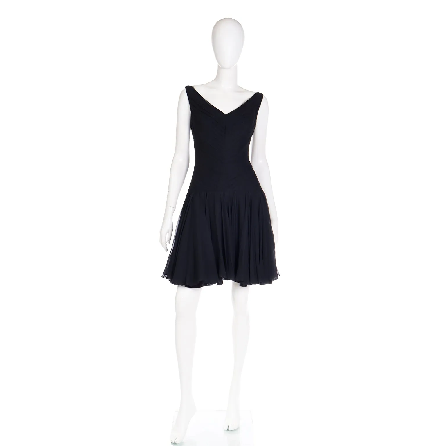 1960s Chester Weinberg Black Silk Chiffon Finely Pleated Evening Dress