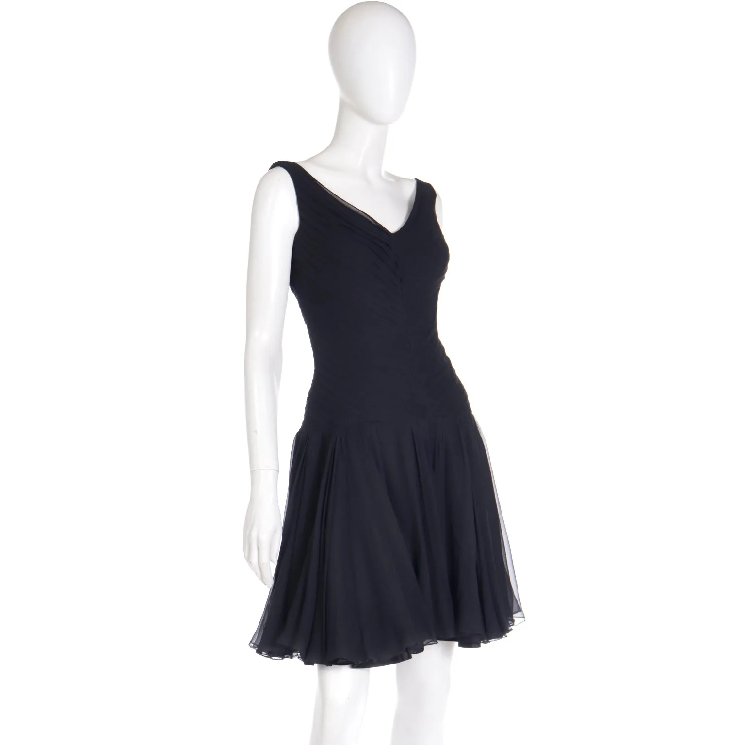 1960s Chester Weinberg Black Silk Chiffon Finely Pleated Evening Dress