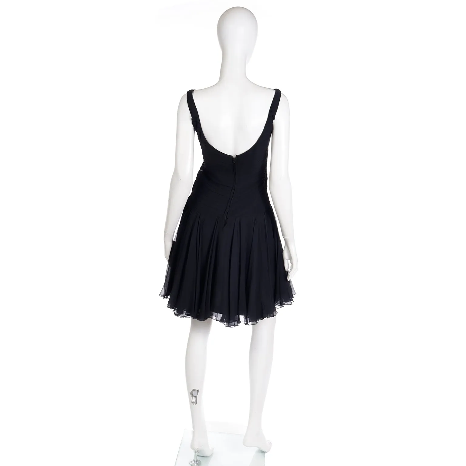 1960s Chester Weinberg Black Silk Chiffon Finely Pleated Evening Dress