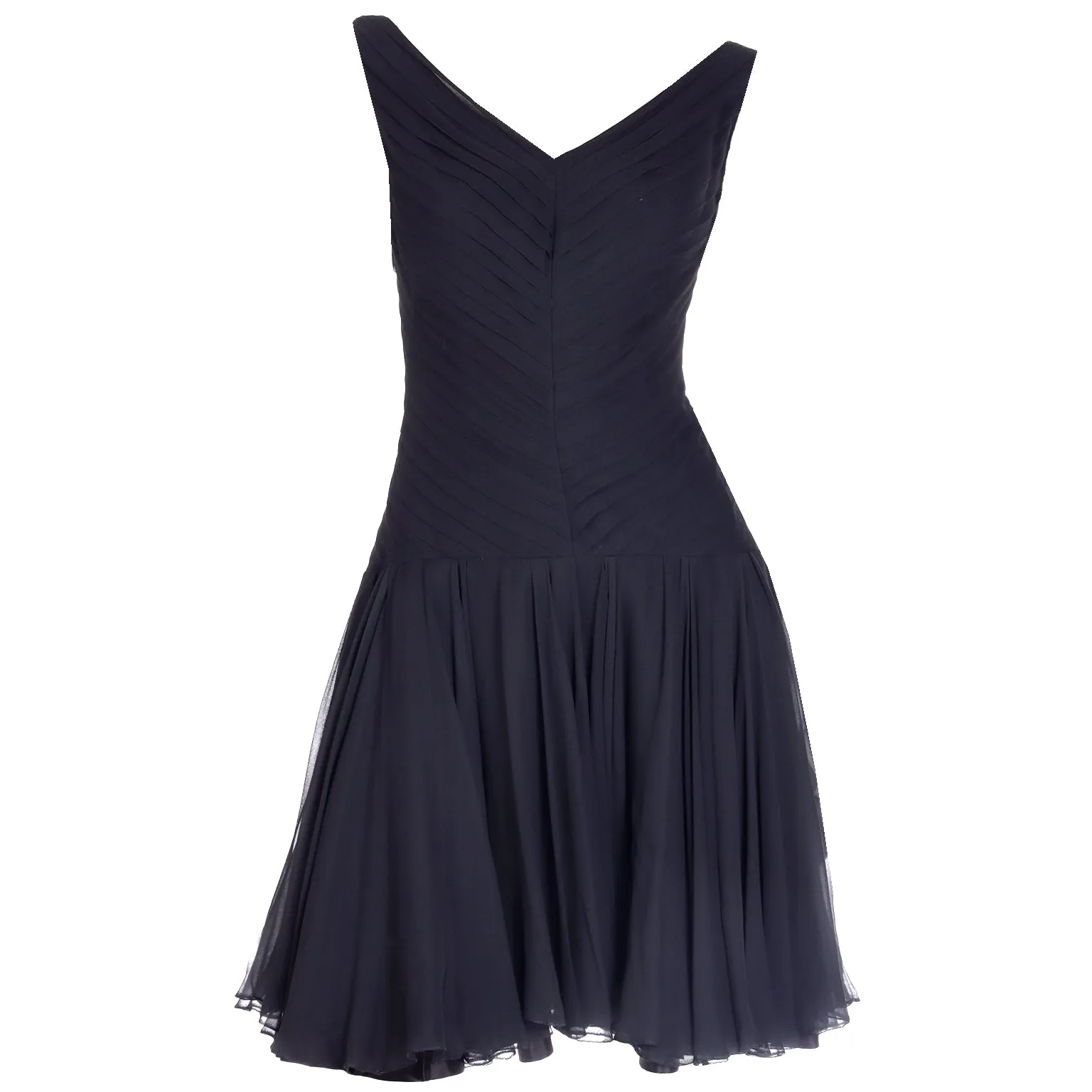 1960s Chester Weinberg Black Silk Chiffon Finely Pleated Evening Dress