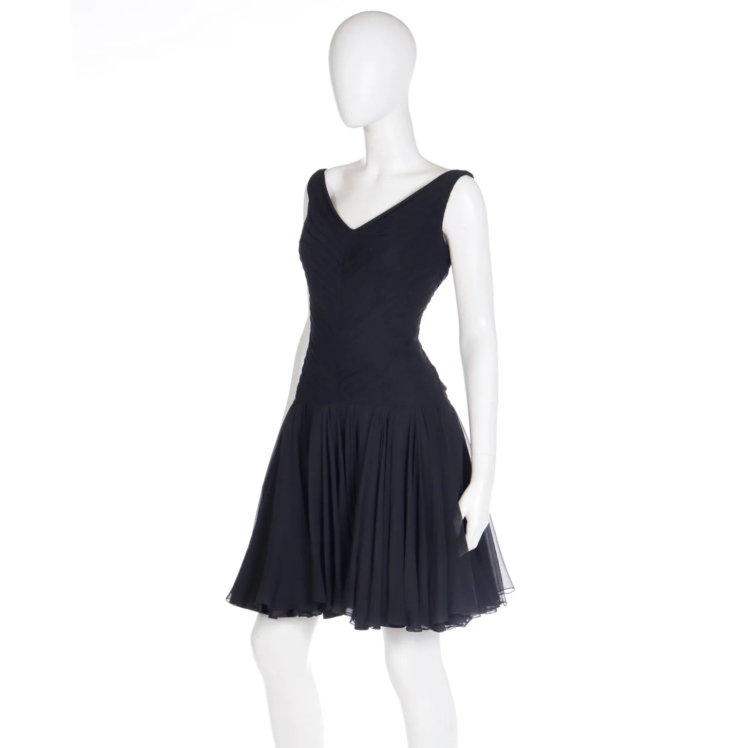 1960s Chester Weinberg Black Silk Chiffon Finely Pleated Evening Dress