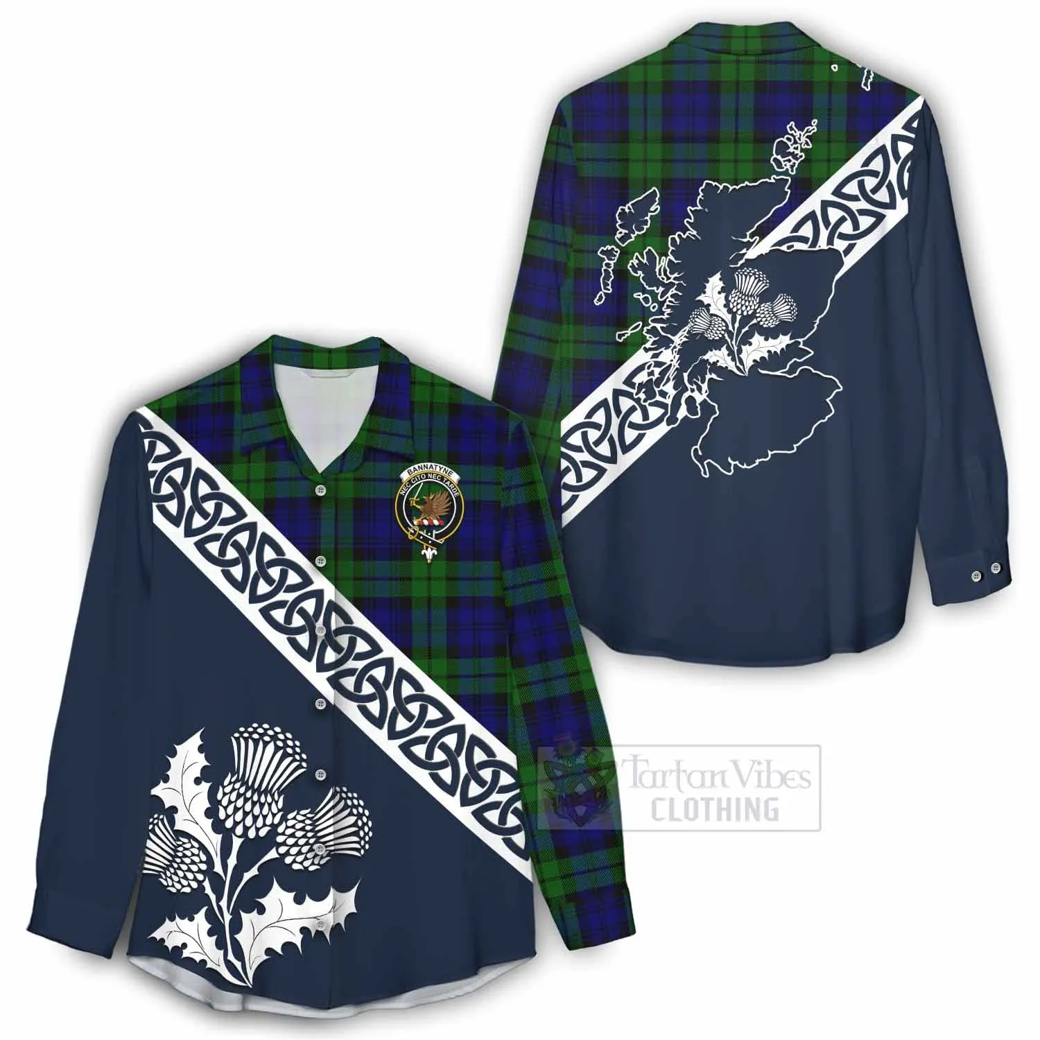 Bannatyne Tartan Women's Casual Shirt Featuring Thistle and Scotland Map