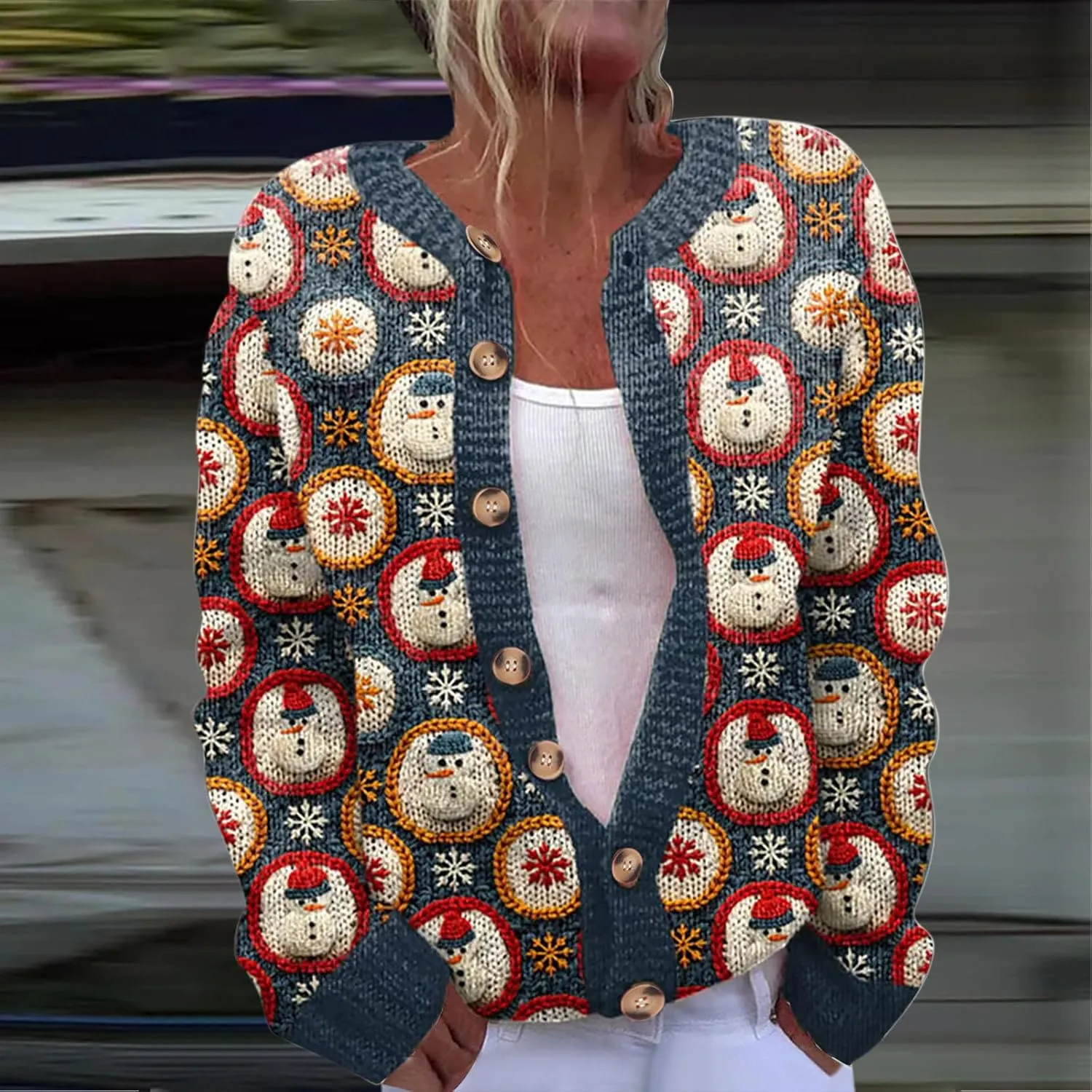 Christmas Sweaters for Women Ugly Funny Xmas Tree Print Button Up Cardigans Fall Winter Vintage Knitted Outerwear Coat