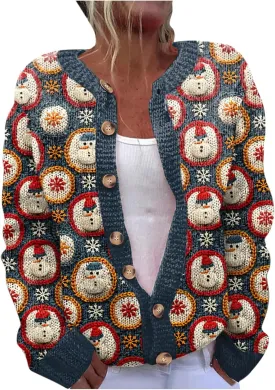 Christmas Sweaters for Women Ugly Funny Xmas Tree Print Button Up Cardigans Fall Winter Vintage Knitted Outerwear Coat