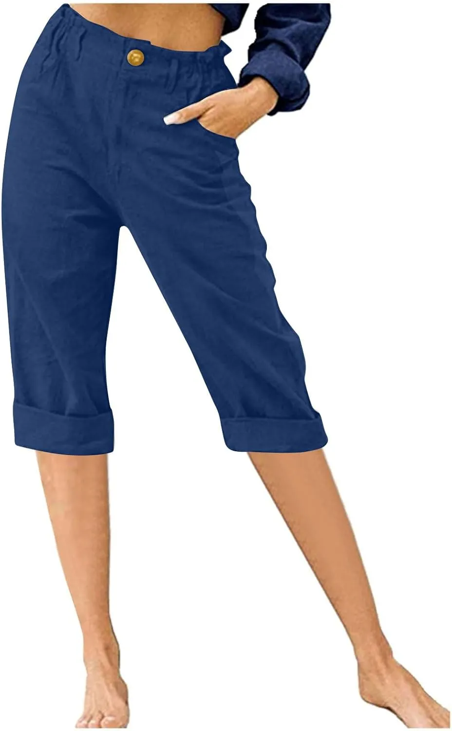Cotton Linen Capri Pants for Women Casual Summer Straight Leg Trouser Buttons High Waist Cropped Pant with Pocket