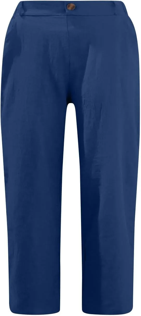 Cotton Linen Capri Pants for Women Casual Summer Straight Leg Trouser Buttons High Waist Cropped Pant with Pocket