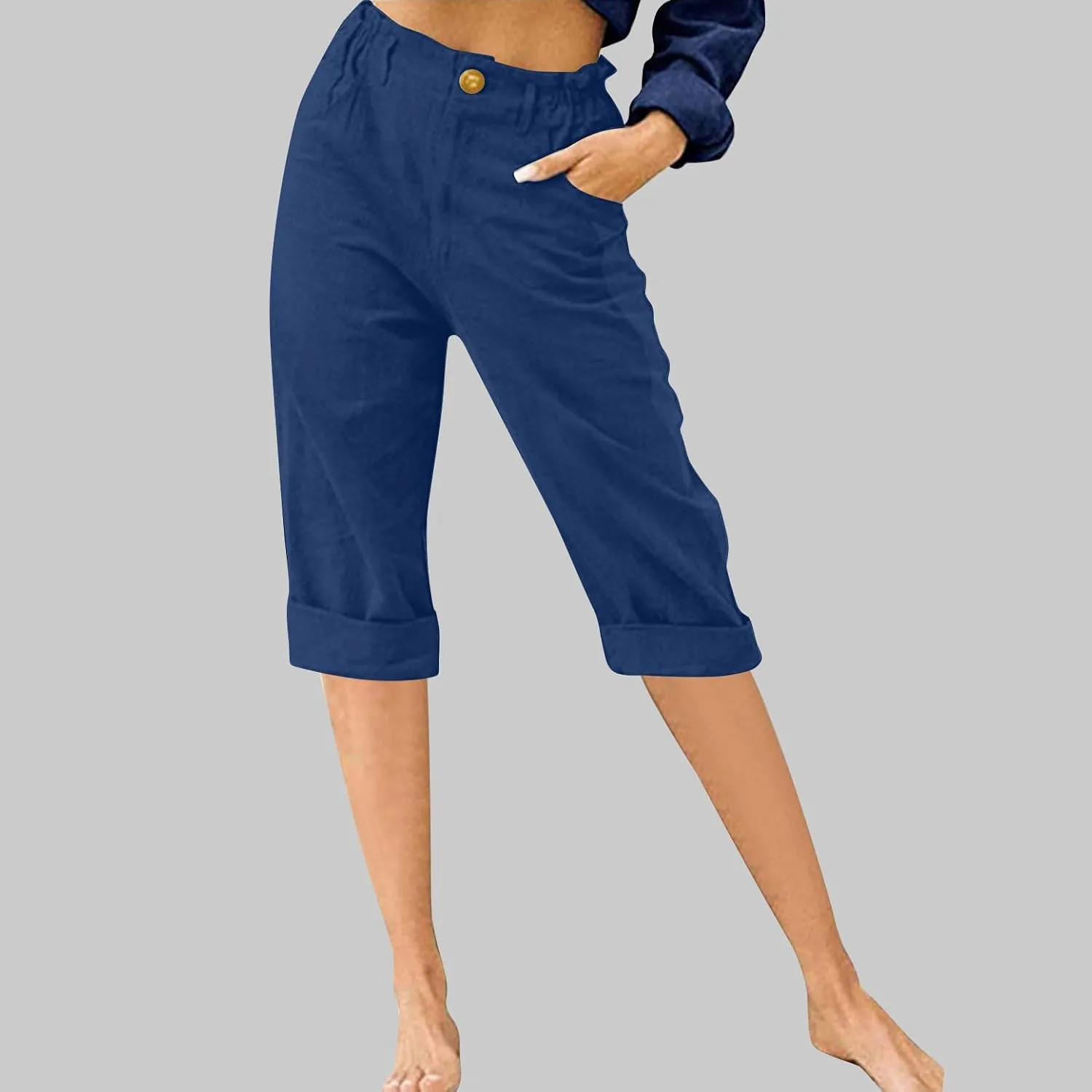 Cotton Linen Capri Pants for Women Casual Summer Straight Leg Trouser Buttons High Waist Cropped Pant with Pocket