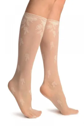 Cream Chrysanthemum Flowers With Comfortable Top Socks Knee High