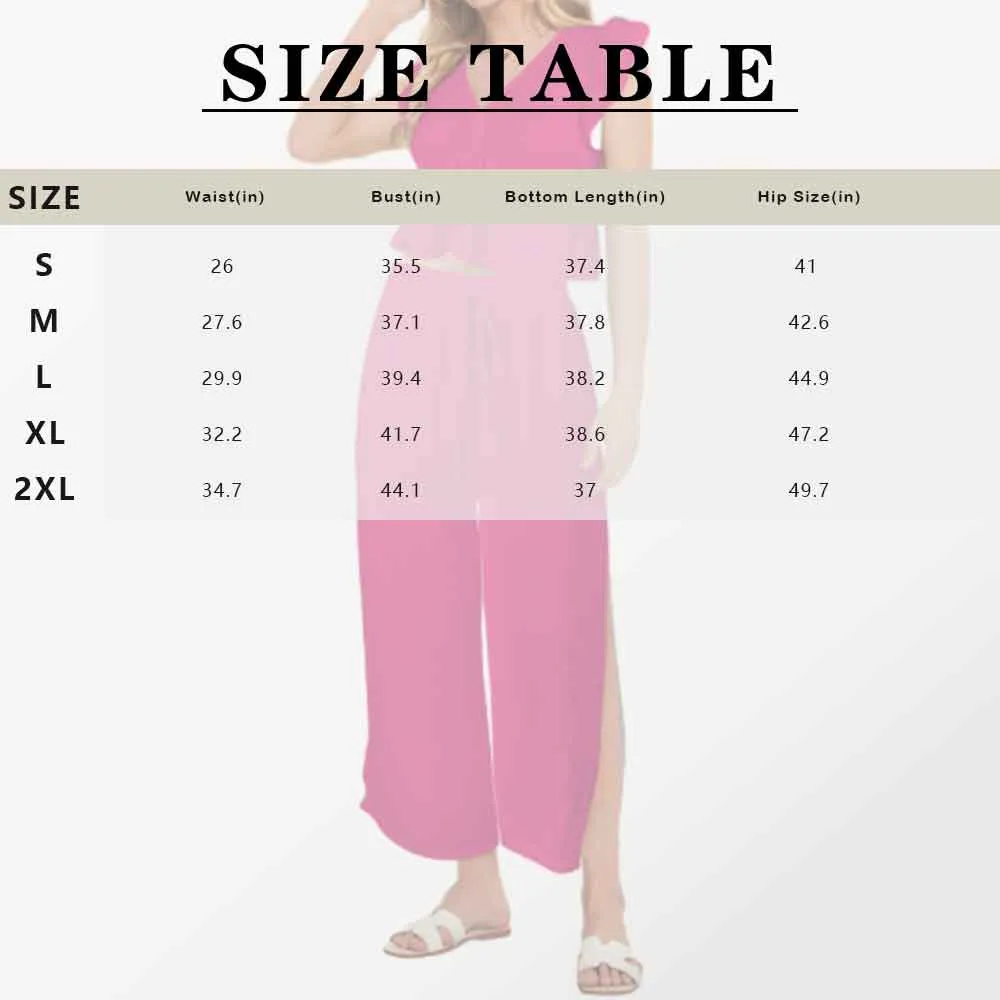 Custom Face Blue Lily Women's Deep V Neck Crop Top Side Slit Drawstring Wide Leg Pants Set