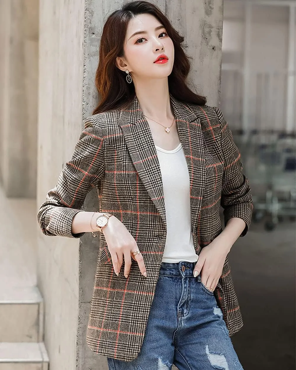 ebossy Women's Notch Lapel 2 Button Boyfriend Blazer Suit Houndstooth Plaid Jacket Coat