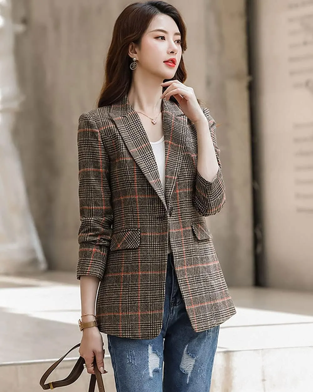 ebossy Women's Notch Lapel 2 Button Boyfriend Blazer Suit Houndstooth Plaid Jacket Coat