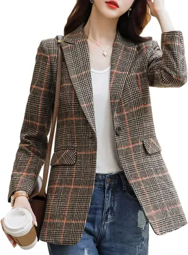 ebossy Women's Notch Lapel 2 Button Boyfriend Blazer Suit Houndstooth Plaid Jacket Coat