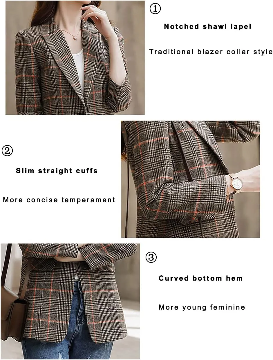 ebossy Women's Notch Lapel 2 Button Boyfriend Blazer Suit Houndstooth Plaid Jacket Coat