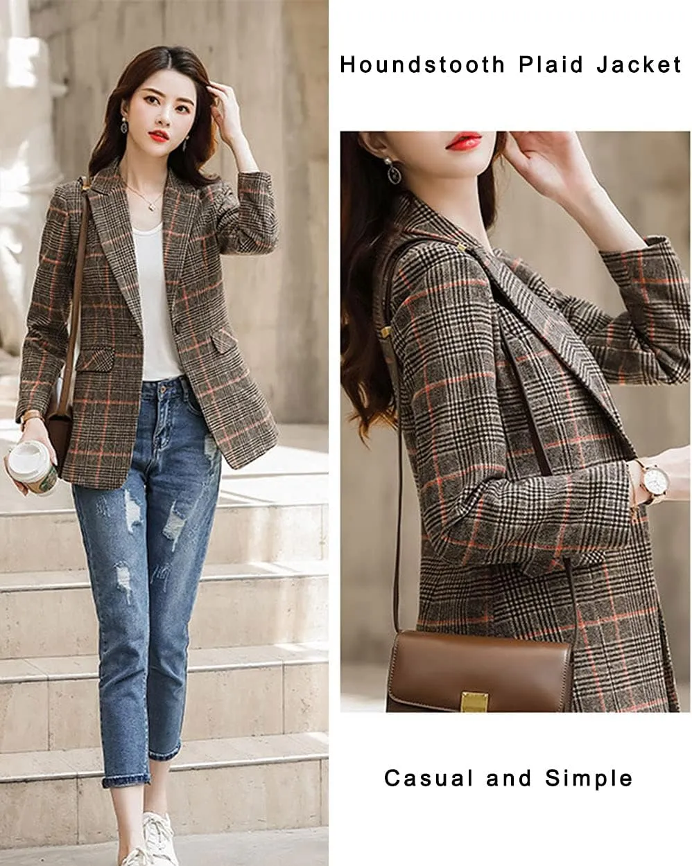 ebossy Women's Notch Lapel 2 Button Boyfriend Blazer Suit Houndstooth Plaid Jacket Coat