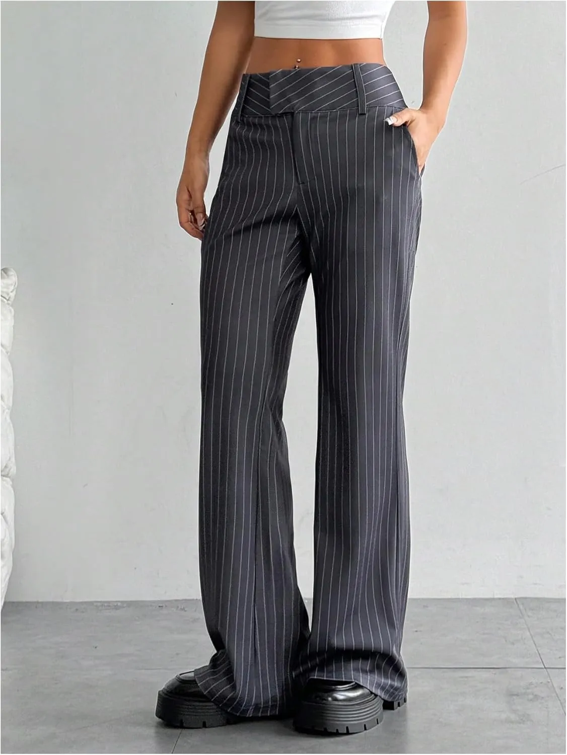 Floerns Women's Striped Print High Waisted Dress Pants Straight Leg Work Suit Pants