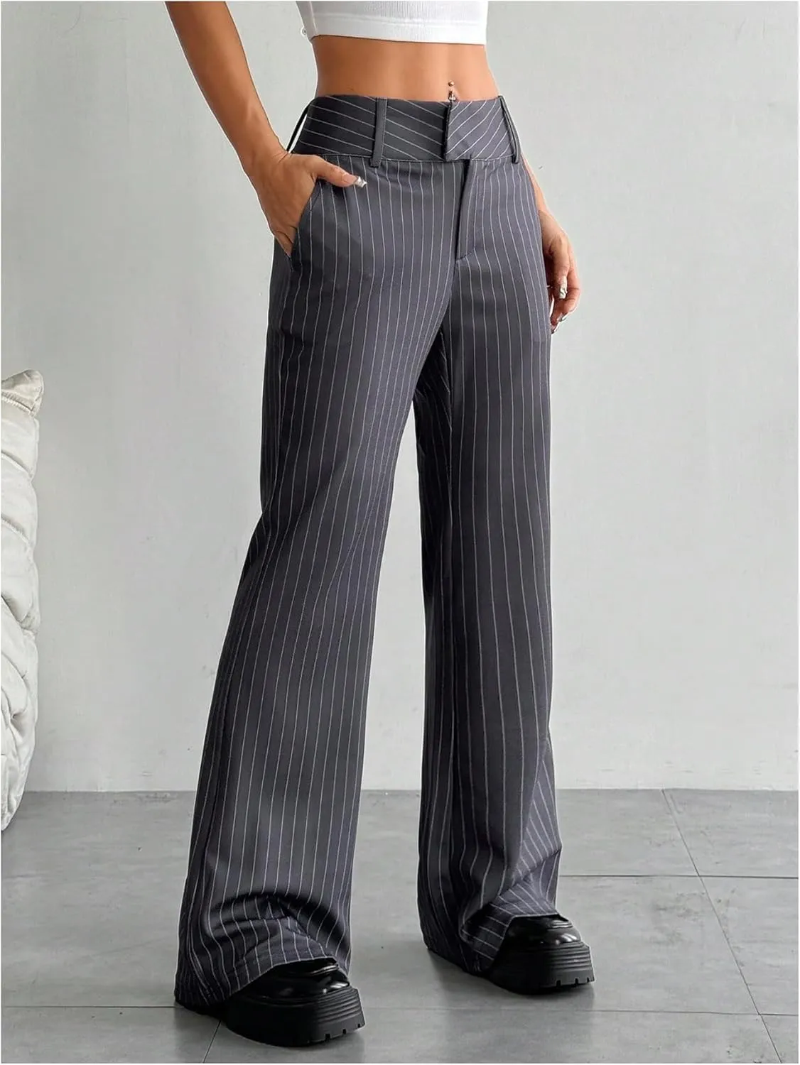 Floerns Women's Striped Print High Waisted Dress Pants Straight Leg Work Suit Pants