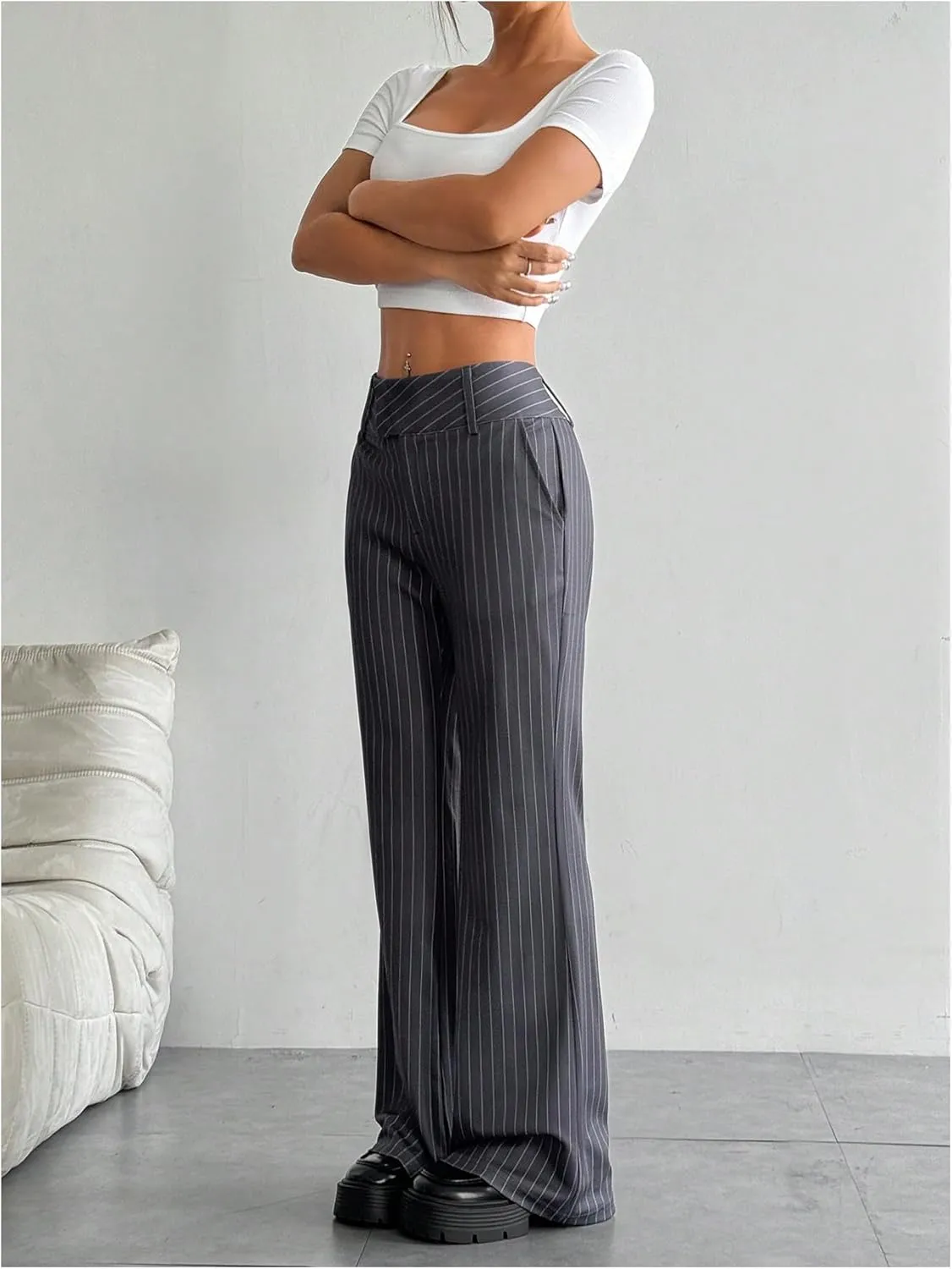 Floerns Women's Striped Print High Waisted Dress Pants Straight Leg Work Suit Pants
