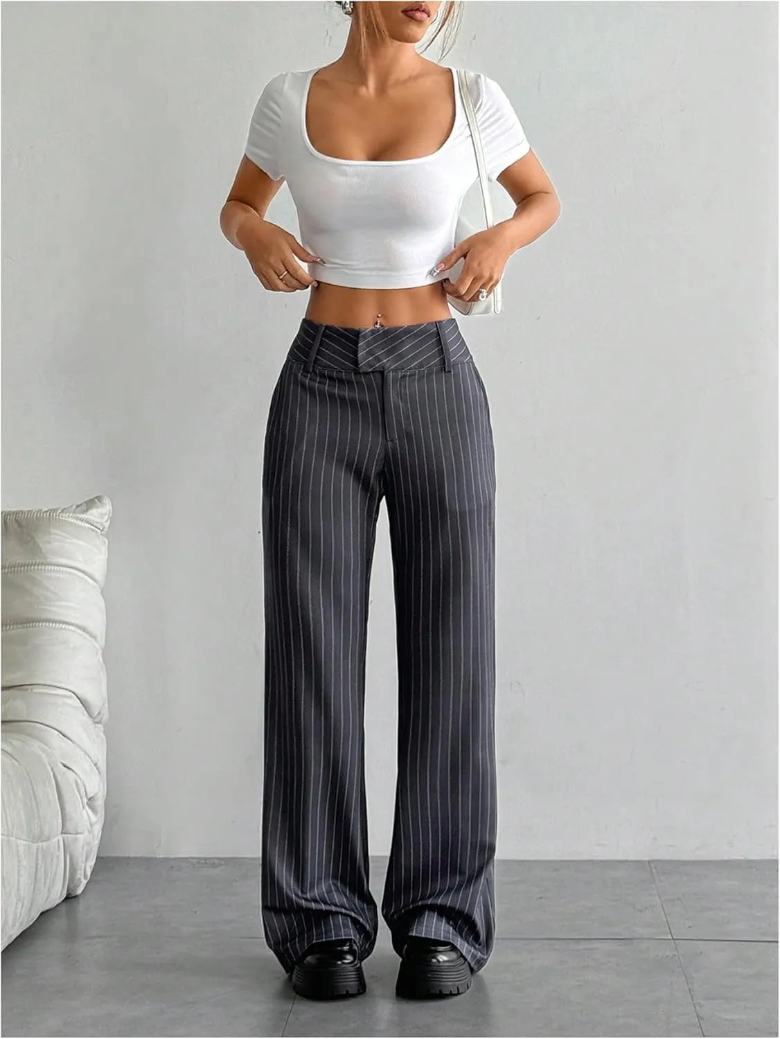 Floerns Women's Striped Print High Waisted Dress Pants Straight Leg Work Suit Pants