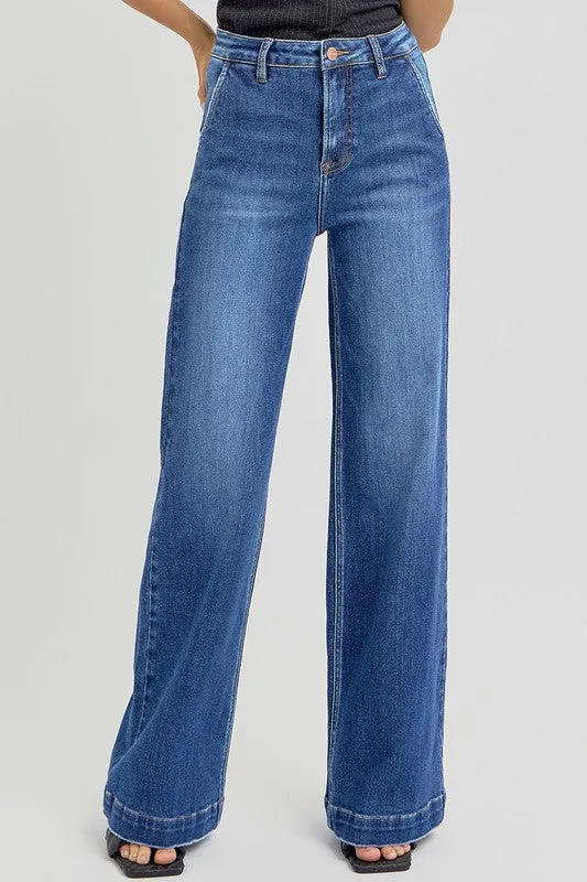 Full Size High Rise Wide Leg Jeans with Slanted Pockets