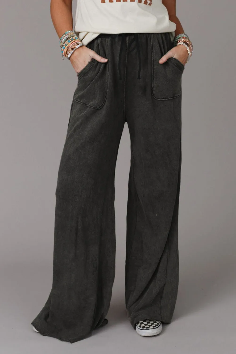 Grey Mineral Washed Drawstring High Waisted Wide Leg Pants