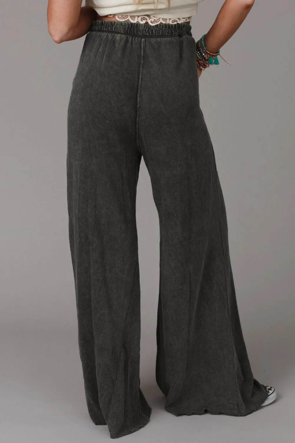 Grey Mineral Washed Drawstring High Waisted Wide Leg Pants