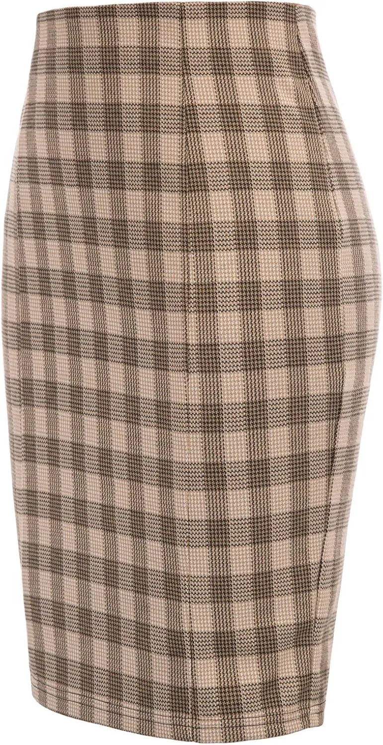 Kate Kasin Womens Knee Length Elastic Waist Stretchy Bodycon Plaid Business Pencil Skirt