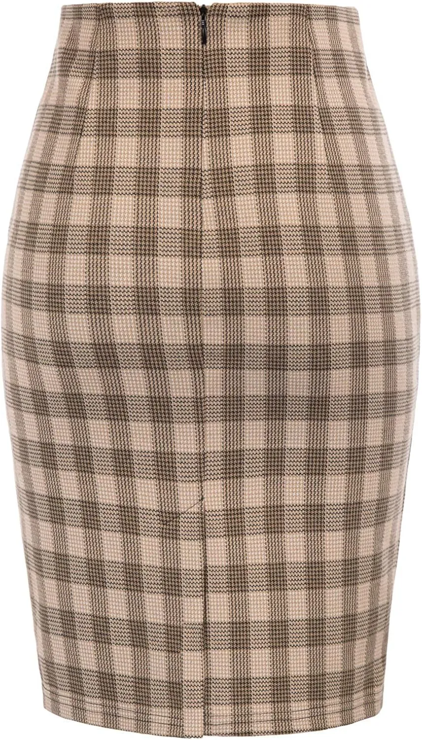 Kate Kasin Womens Knee Length Elastic Waist Stretchy Bodycon Plaid Business Pencil Skirt