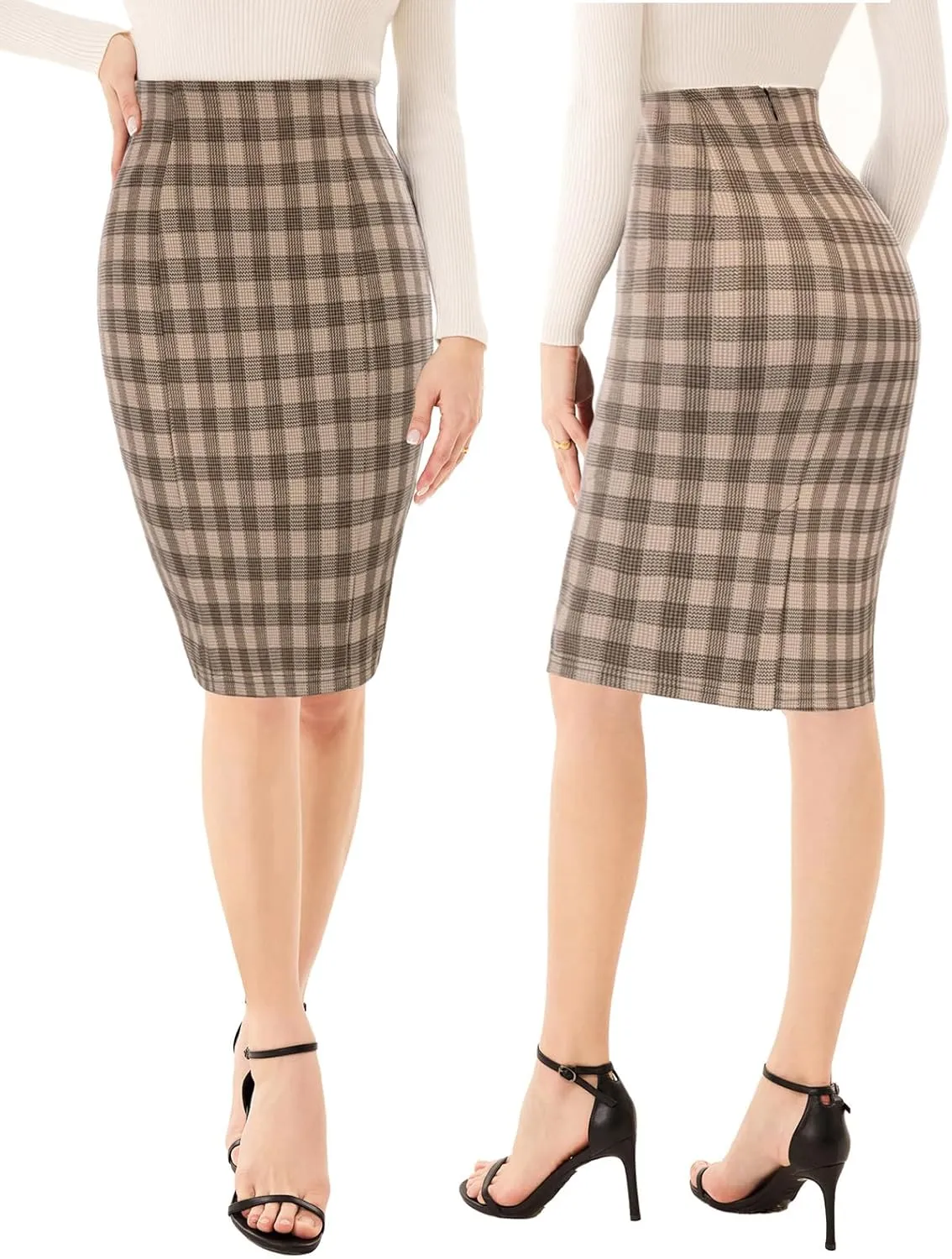 Kate Kasin Womens Knee Length Elastic Waist Stretchy Bodycon Plaid Business Pencil Skirt