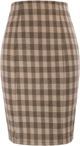 Kate Kasin Womens Knee Length Elastic Waist Stretchy Bodycon Plaid Business Pencil Skirt