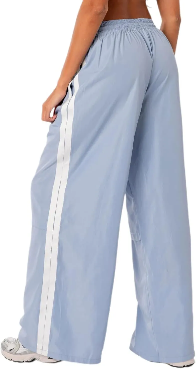 KMBANGI Women Striped Track Pants Elastic Waist Straight Leg Sweatpants Joggers Wide Leg Side Stripes Pants with Pockets