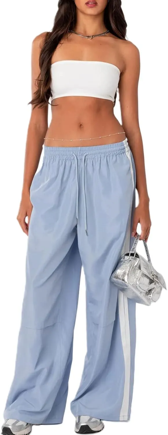 KMBANGI Women Striped Track Pants Elastic Waist Straight Leg Sweatpants Joggers Wide Leg Side Stripes Pants with Pockets