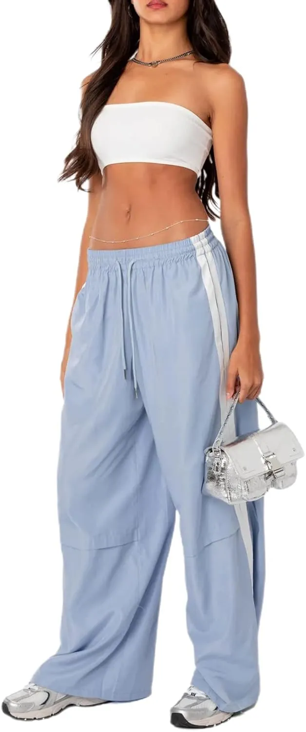 KMBANGI Women Striped Track Pants Elastic Waist Straight Leg Sweatpants Joggers Wide Leg Side Stripes Pants with Pockets