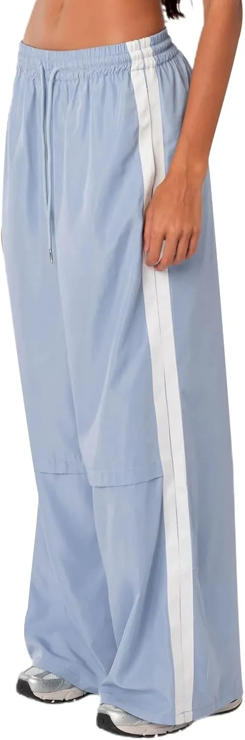 KMBANGI Women Striped Track Pants Elastic Waist Straight Leg Sweatpants Joggers Wide Leg Side Stripes Pants with Pockets