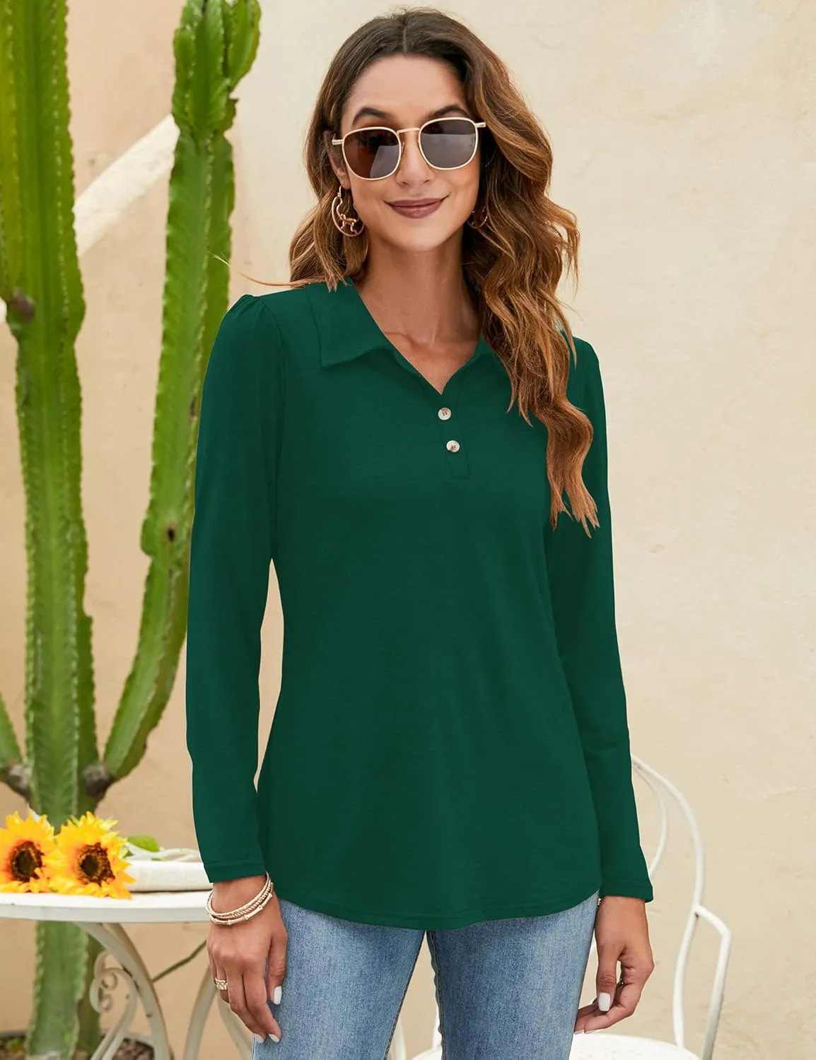 LOMON Womens Polo Shirts Button Down Collared Long Sleeve Tops V Neck Loose Blouses