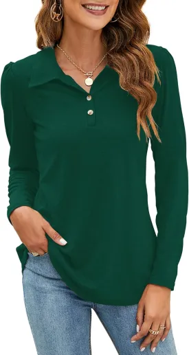 LOMON Womens Polo Shirts Button Down Collared Long Sleeve Tops V Neck Loose Blouses