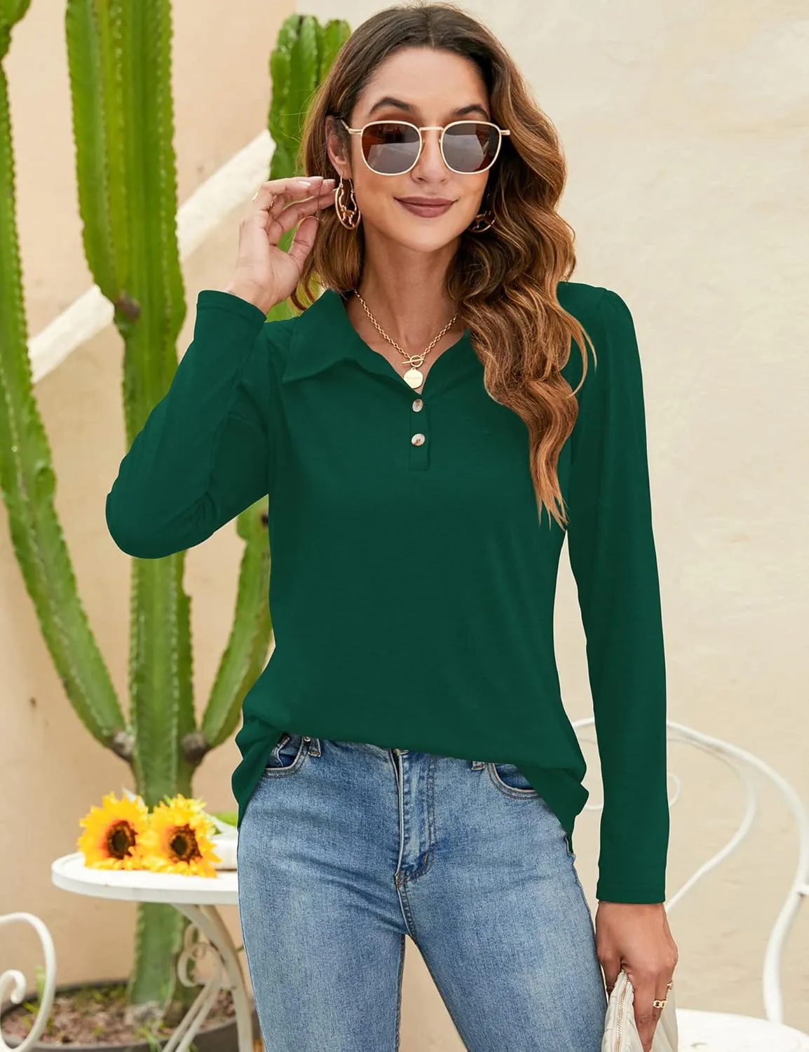 LOMON Womens Polo Shirts Button Down Collared Long Sleeve Tops V Neck Loose Blouses