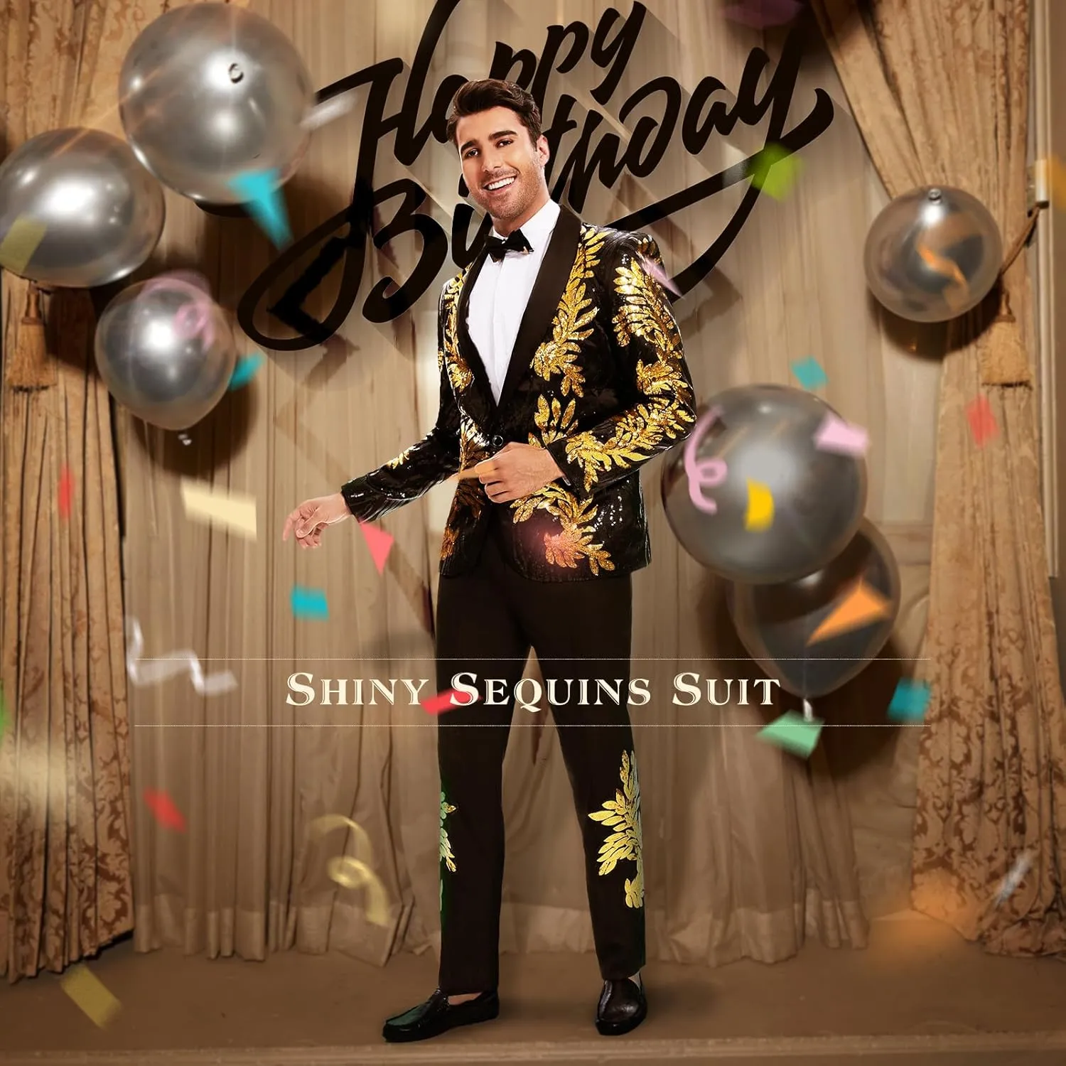 Men's Suit 2 Pieces Blazer and Pants Black with Gold Applique Fit for Wedding Prom