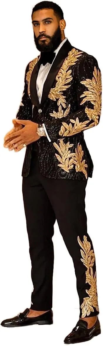 Men's Suit 2 Pieces Blazer and Pants Black with Gold Applique Fit for Wedding Prom
