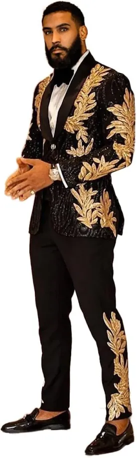 Men's Suit 2 Pieces Blazer and Pants Black with Gold Applique Fit for Wedding Prom