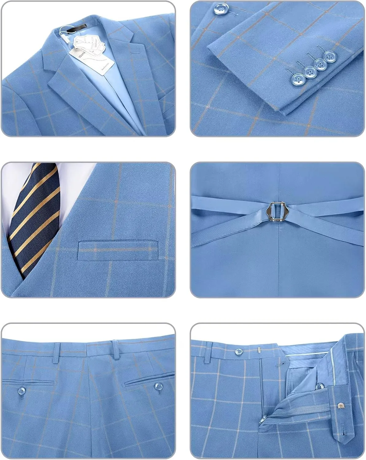Men's Suit Set,3 Pieces Plaid Suit for Men Slim Fit Formal Bussiness Wedding Suit Prom Tuxedos Suit Blazer Vest Pant