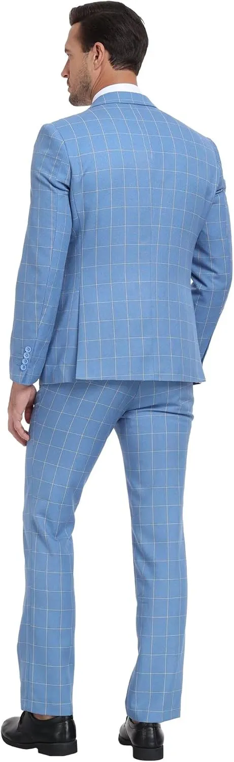 Men's Suit Set,3 Pieces Plaid Suit for Men Slim Fit Formal Bussiness Wedding Suit Prom Tuxedos Suit Blazer Vest Pant