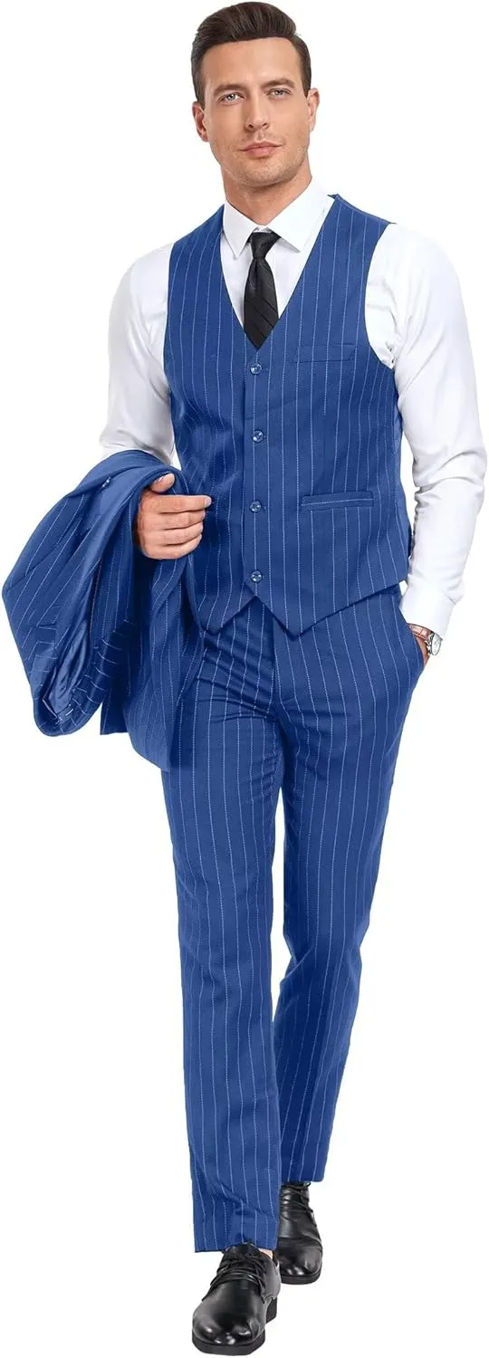 Men's Suit Set,3 Pieces Plaid Suit for Men Slim Fit Formal Bussiness Wedding Suit Prom Tuxedos Suit Blazer Vest Pant