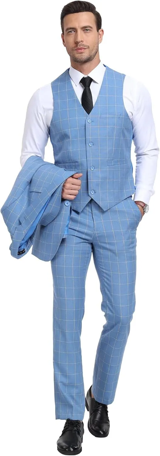 Men's Suit Set,3 Pieces Plaid Suit for Men Slim Fit Formal Bussiness Wedding Suit Prom Tuxedos Suit Blazer Vest Pant