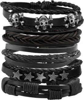 MILAKOO Leather PU Braided Bracelets for Men Women Skull Black Wristband Halloween Punk Enthusiasts
