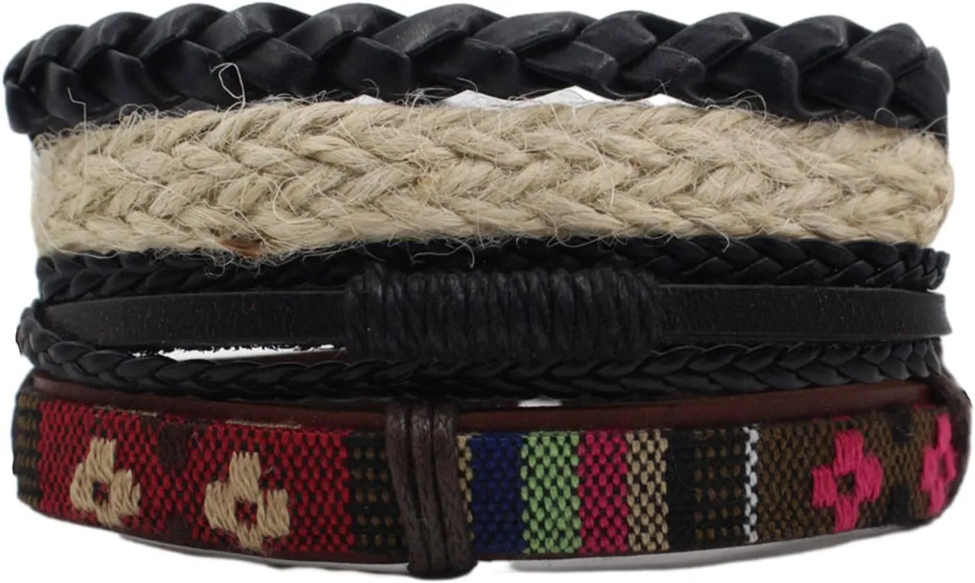 Mix 4 Wrap Bracelets for Mens,Hemp Cords Wood Beads Ethnic Tribal Bracelets