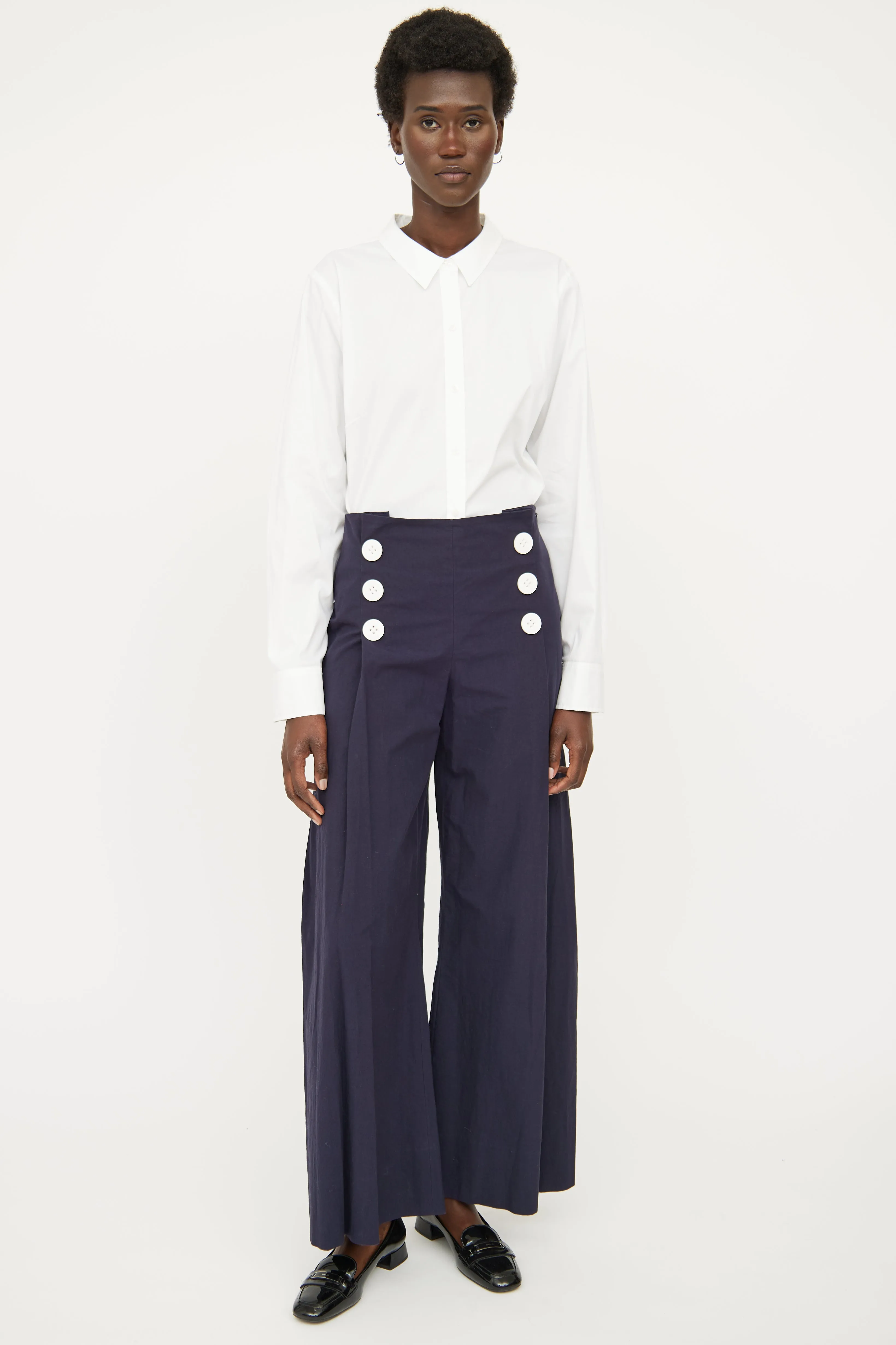 Navy & White Button Wide Leg Pant