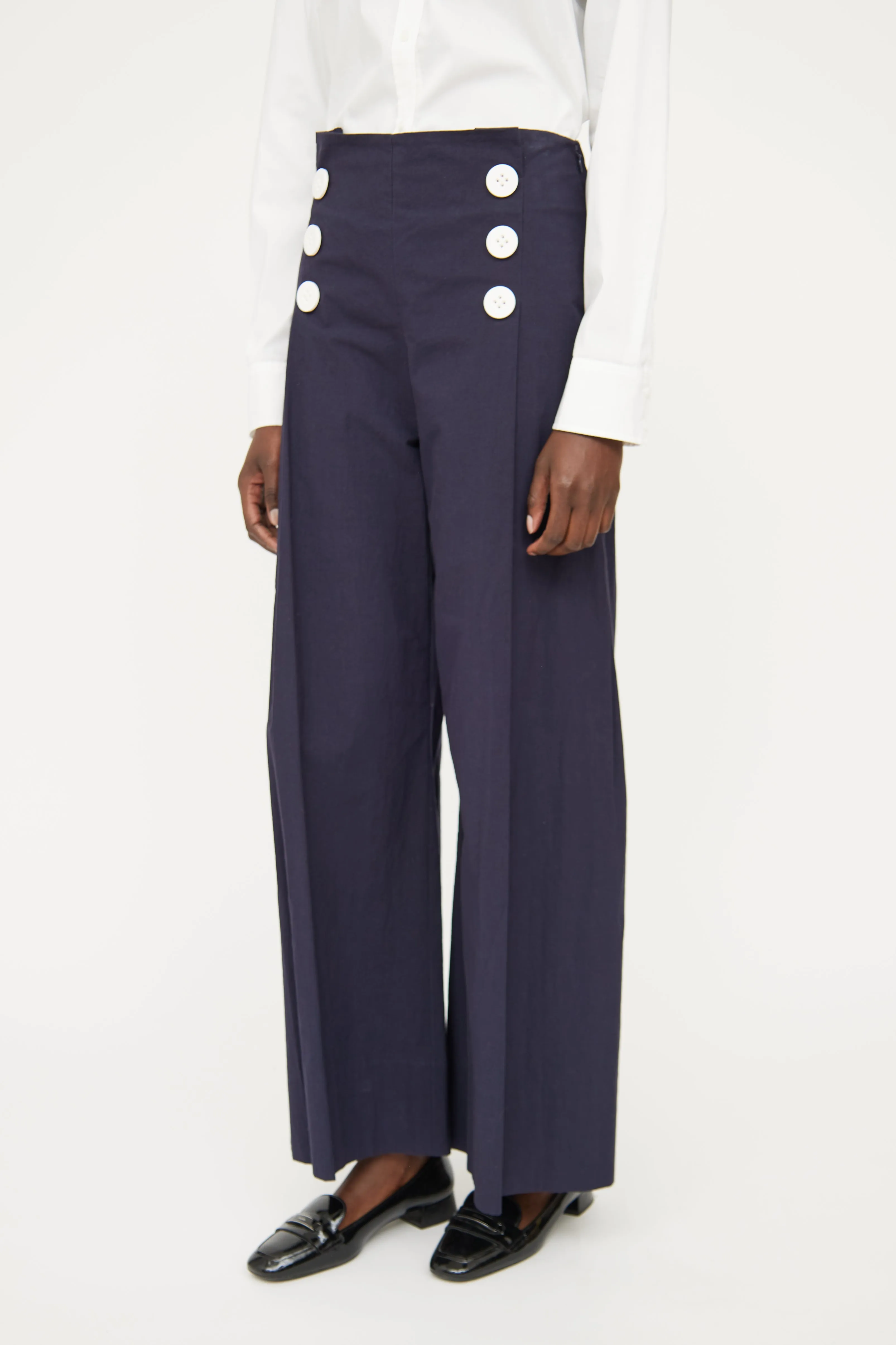 Navy & White Button Wide Leg Pant