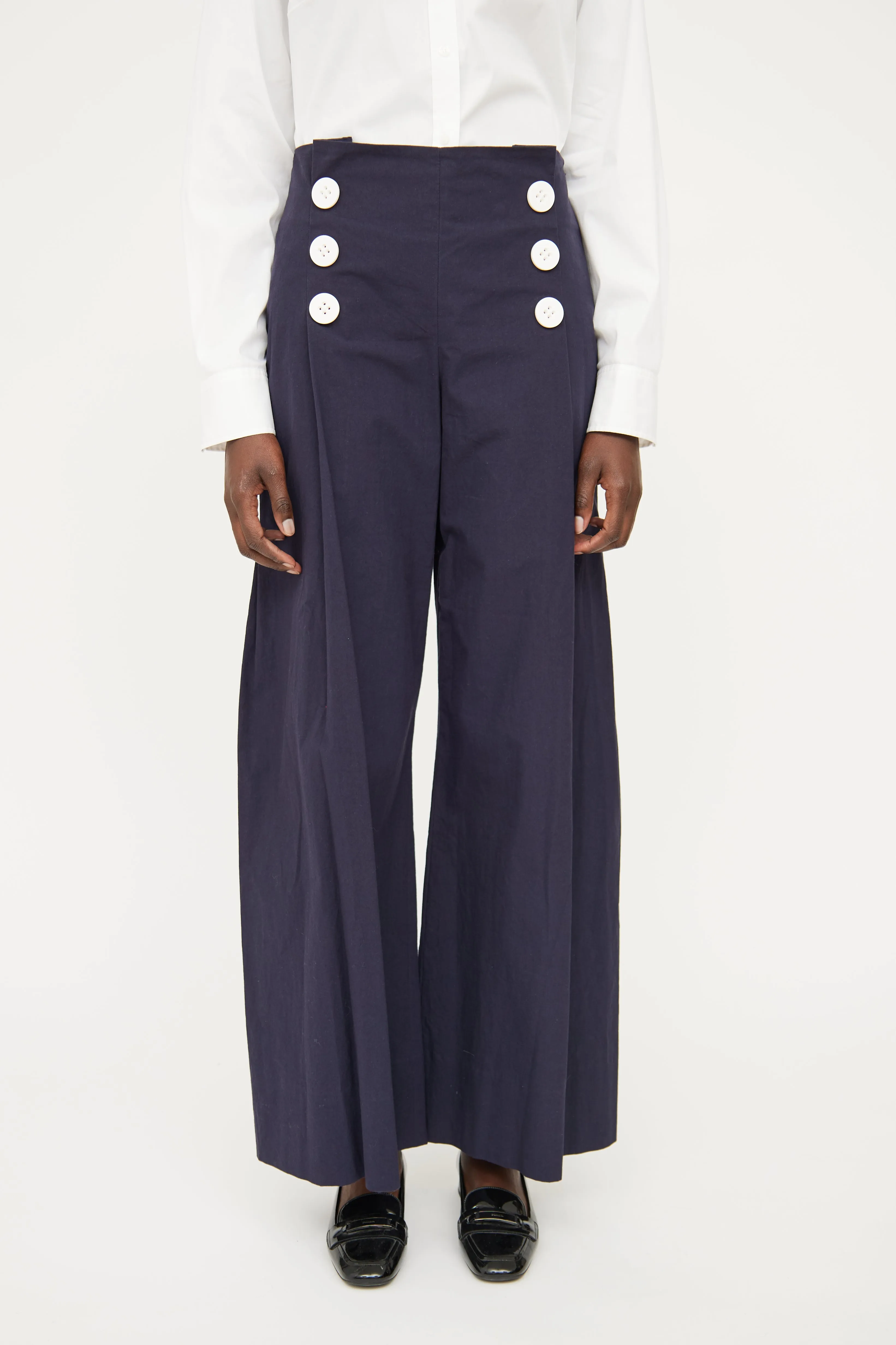 Navy & White Button Wide Leg Pant