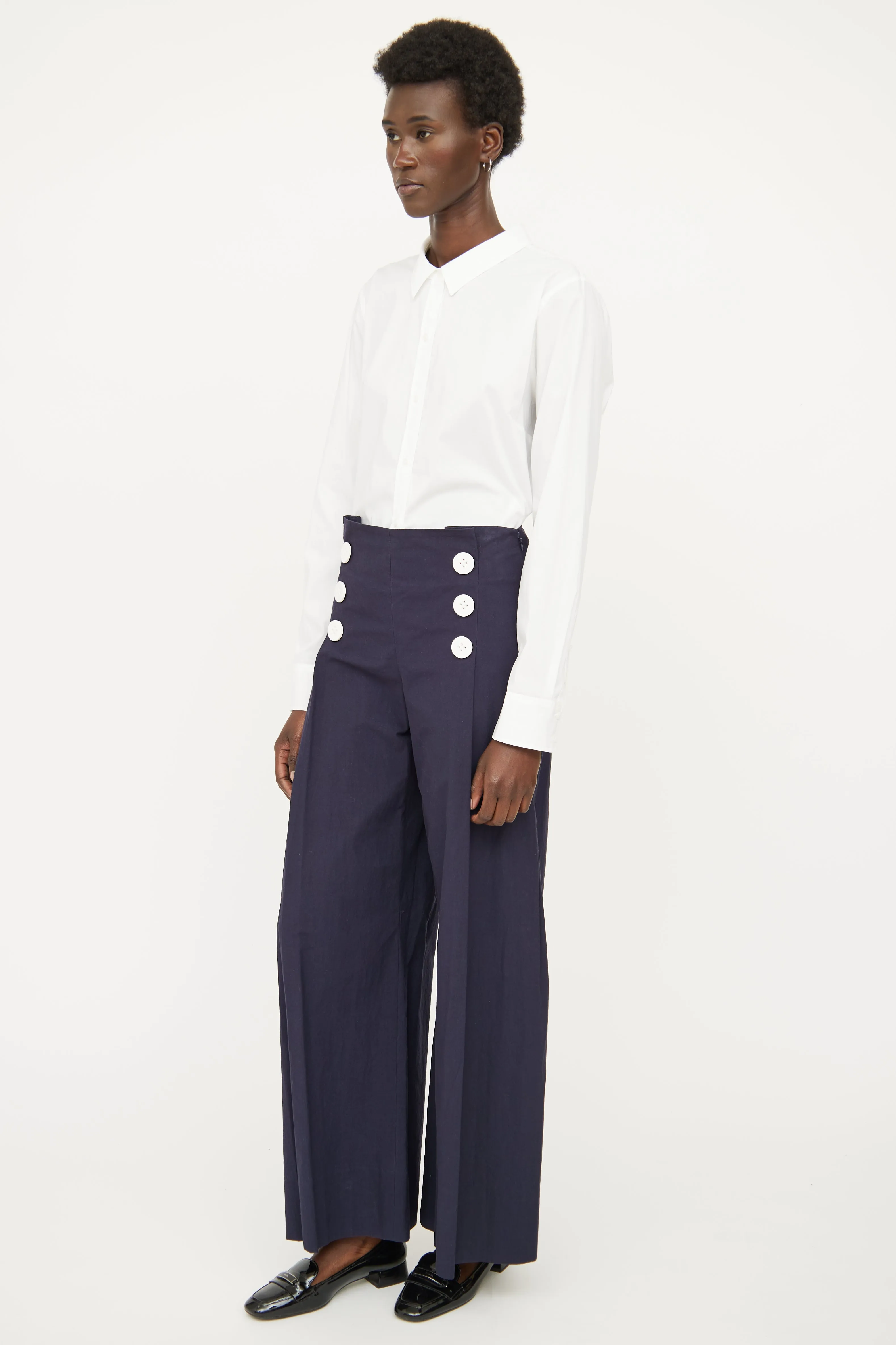 Navy & White Button Wide Leg Pant