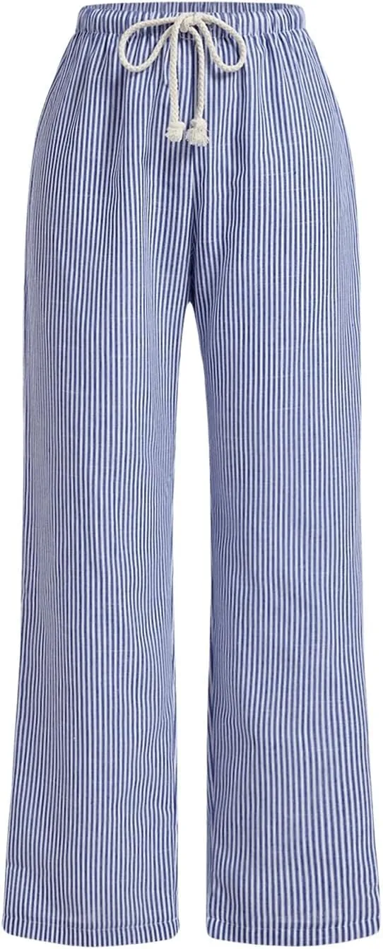 OYOANGLE Women's Striped Wide Leg Pants Drawstring Waist Straight Leg Trousers Lounge Pants